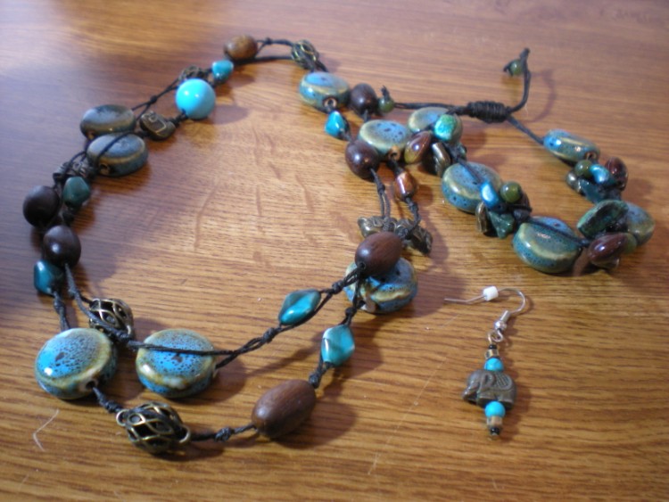 knotted necklace and bracelet set blue ceramic brass