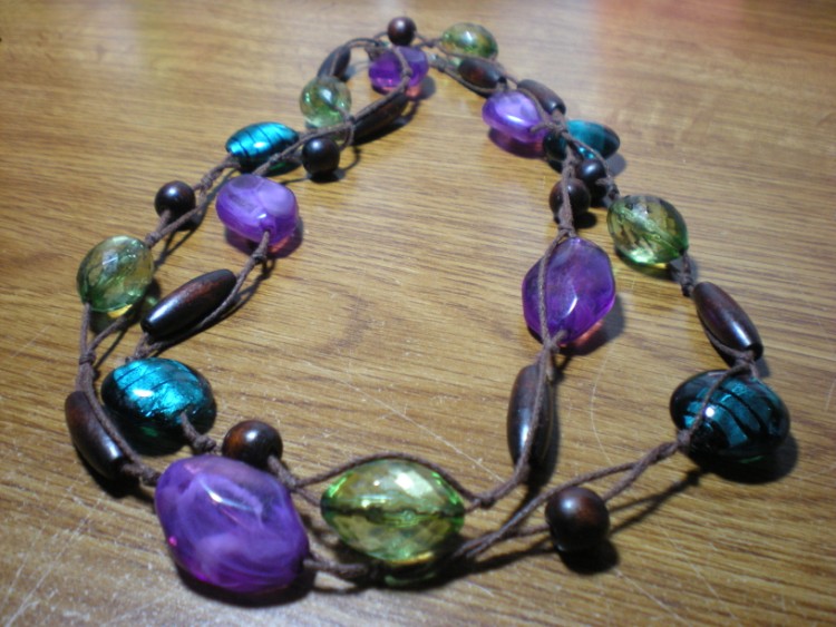 knotted twine necklace purple green blue necklace