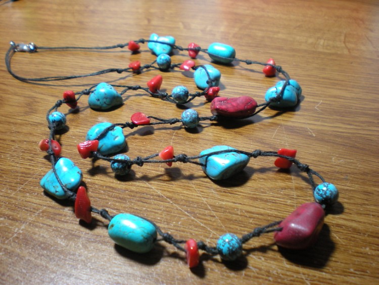 knotted turquoise and red necklace