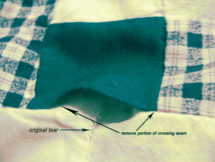 quilt repair remove crossing seam