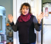 purple, grey & black top w scarf
