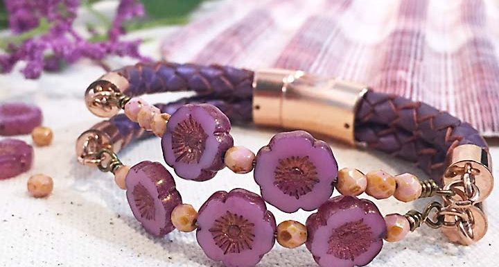 Purple & Pink Posy Bracelet-Flower Beads and Leather Jewelry Tutorial
