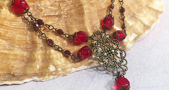 Vintage Valentine Necklace with Filigree & Crystals