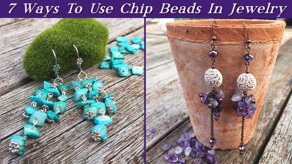 Two pairs of dangle earrings made using chip beads.