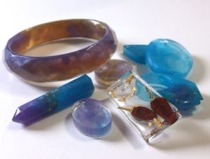 cast resin pendants and bracelet with purple, blue and bronze copper colorings