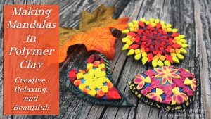 mandala designs in yellow, red and orange colors made with polymer clay