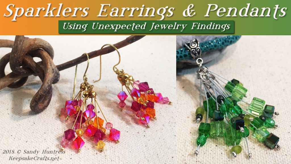 Crystal dangle earrings in gold, pink and orange and a pendant in silver with green beads and crystals.