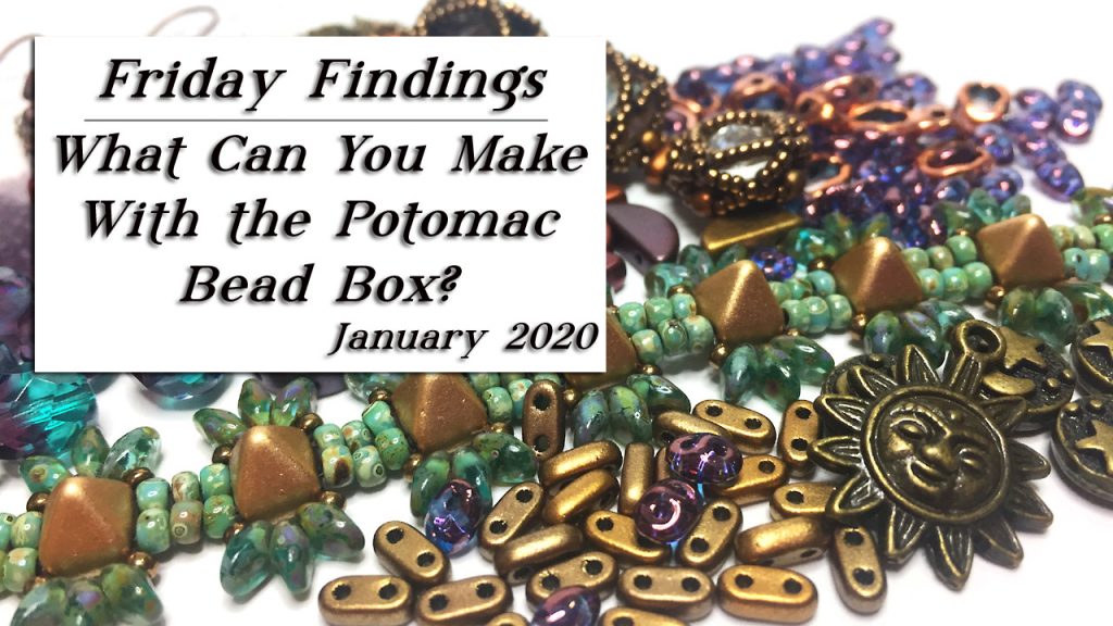 Seed beads from the January 2020 Potomac bead box, including pyramid beads, two-hole bar beads, a sun charm, moon and stars metal beads and superduos.