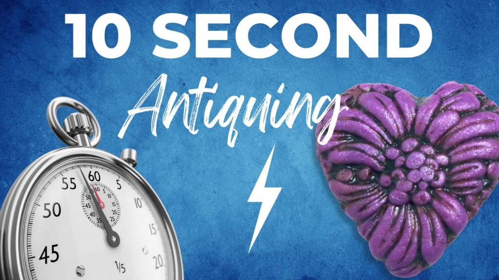 10 Second Antiquing, shows a stop watch, a lightning bolt and a purple textured heart shape, which has been antiqued with brown paint